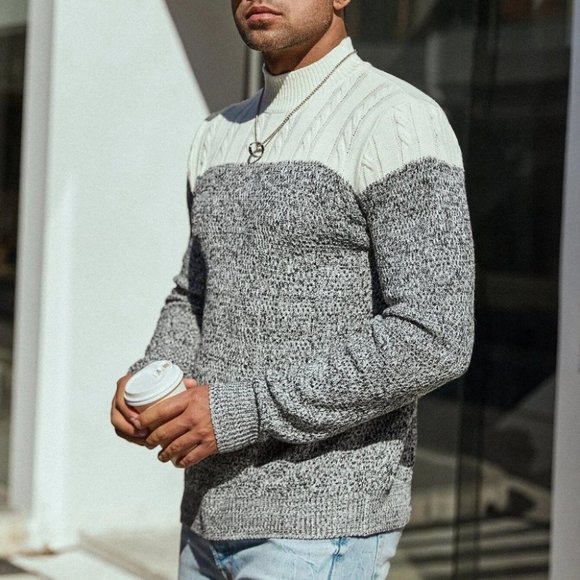 Casual Black & White Cable Knit Men's Pullover Sweater - Picture 5 of 7